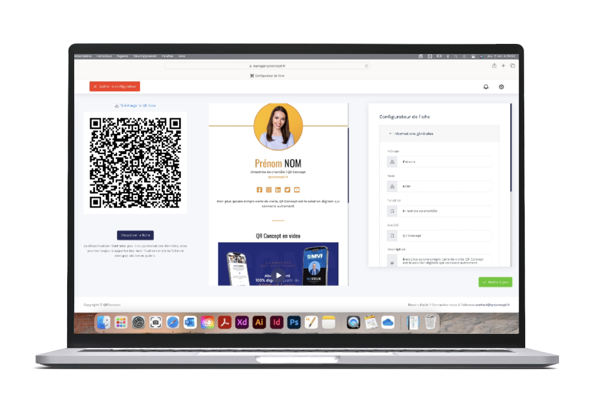 Configuration carte visite digitale QR Concept - Éditeur profil professionnel avec QR code, réseaux sociaux, coordonnées et vidéo de présentation personnalisable